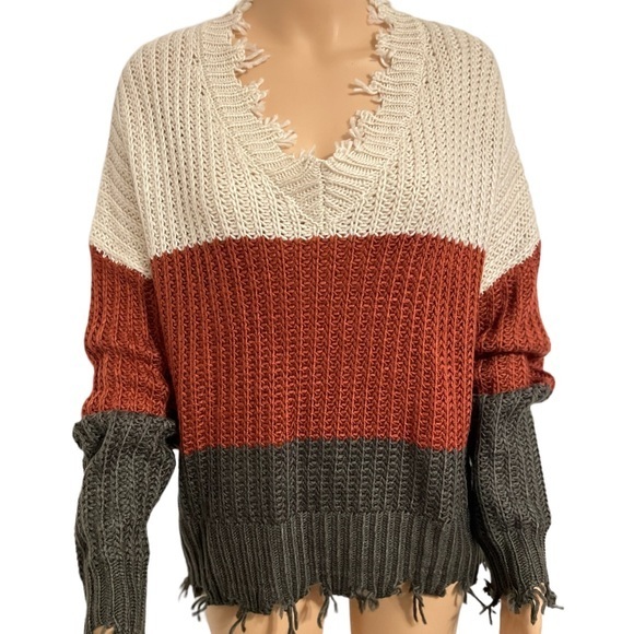 Hyfve Women's Striped Colorblock Knit Pullover Long Sleeve V-neck Loose Sweater - Picture 2 of 14